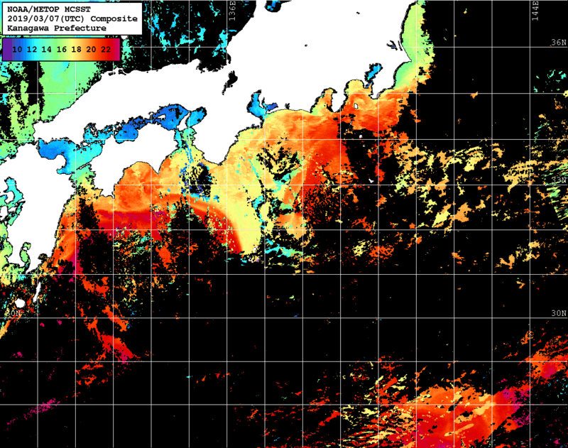 NOAA、MetOp 人工衛星画像 検索結果, 水温分布を図示