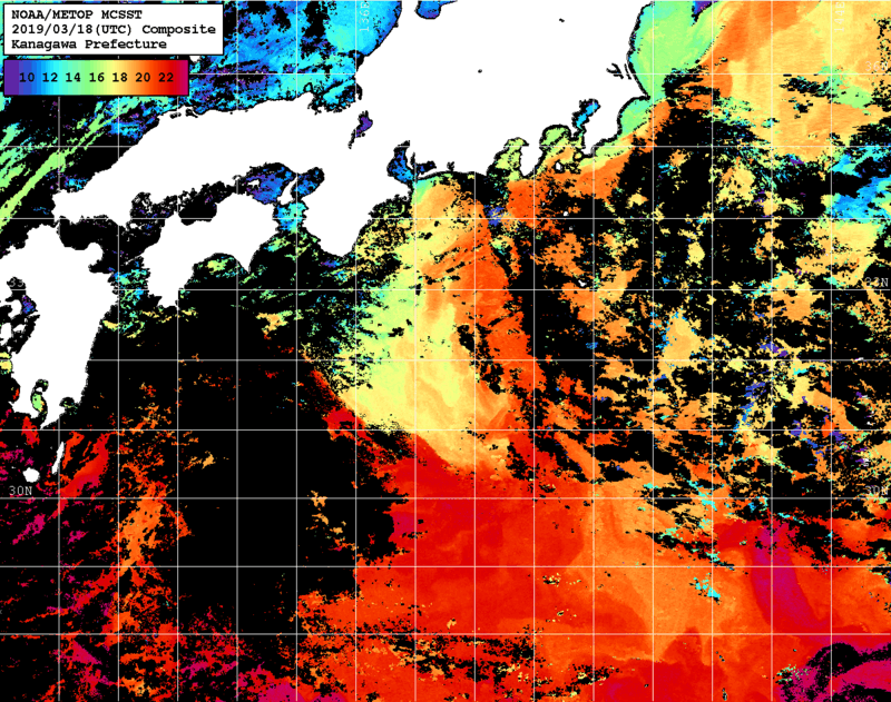NOAA、MetOp 人工衛星画像 検索結果, 水温分布を図示