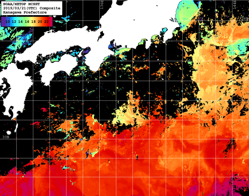 NOAA、MetOp 人工衛星画像 検索結果, 水温分布を図示