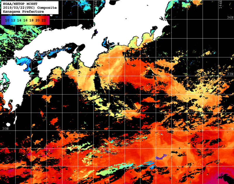 NOAA、MetOp 人工衛星画像 検索結果, 水温分布を図示