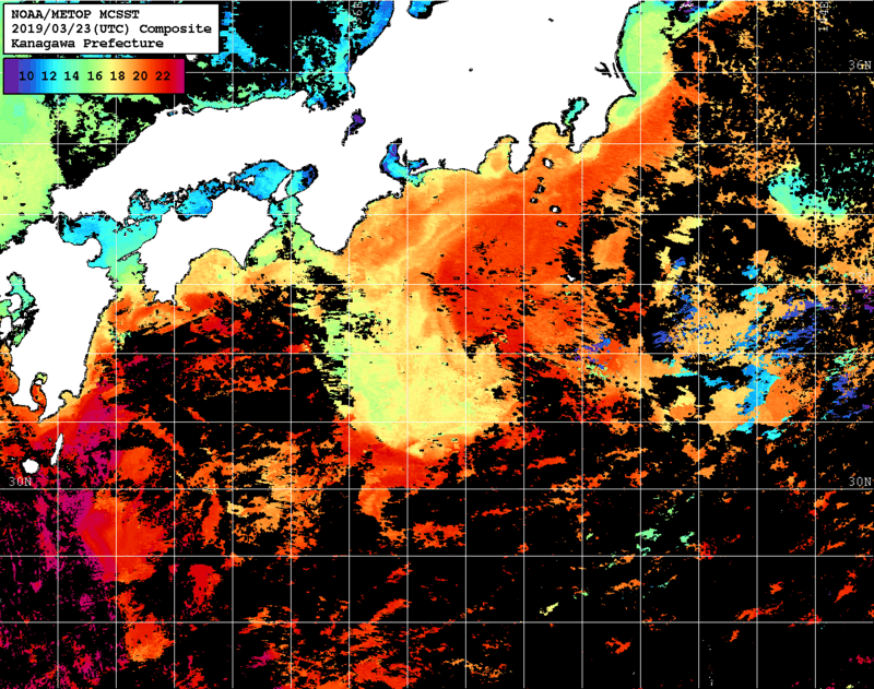 NOAA、MetOp 人工衛星画像 検索結果, 水温分布を図示