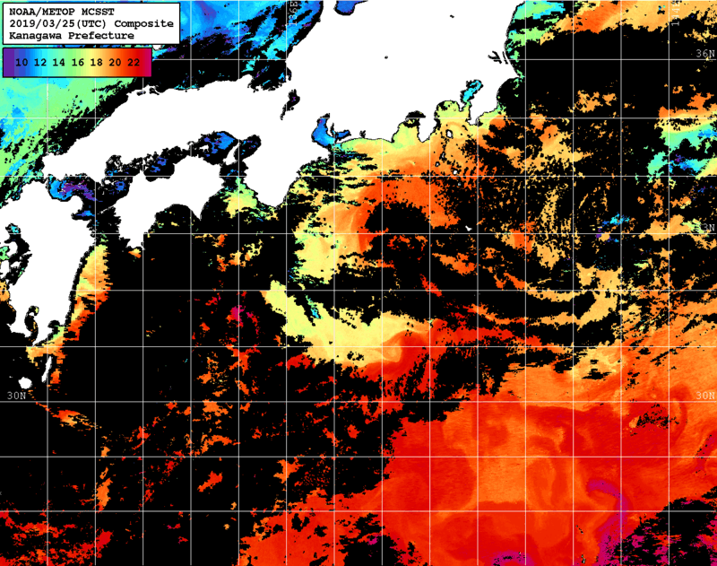 NOAA、MetOp 人工衛星画像 検索結果, 水温分布を図示
