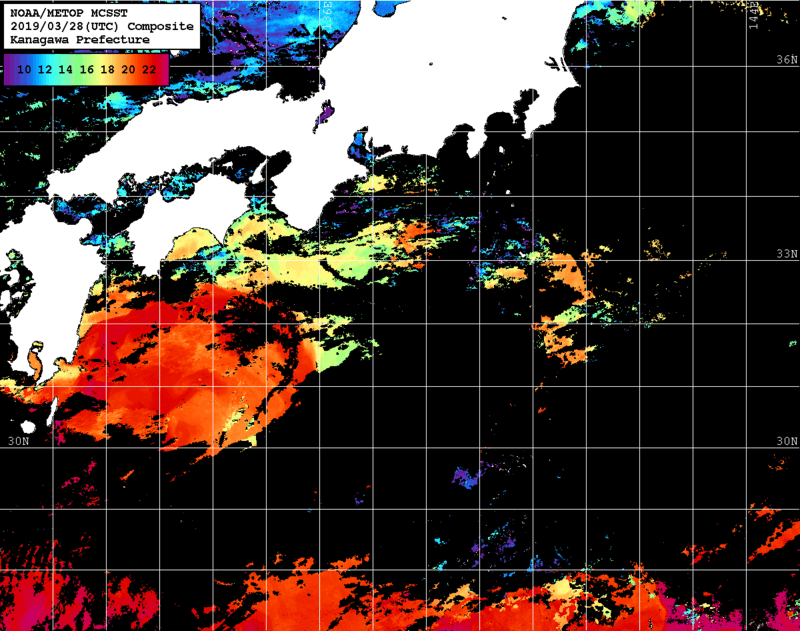 NOAA、MetOp 人工衛星画像 検索結果, 水温分布を図示