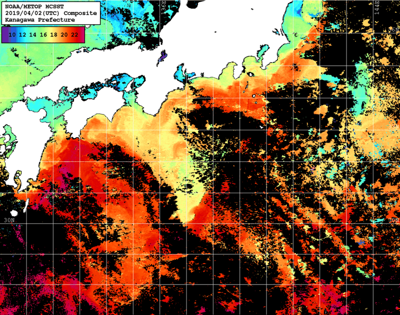 NOAA、MetOp 人工衛星画像 検索結果, 水温分布を図示