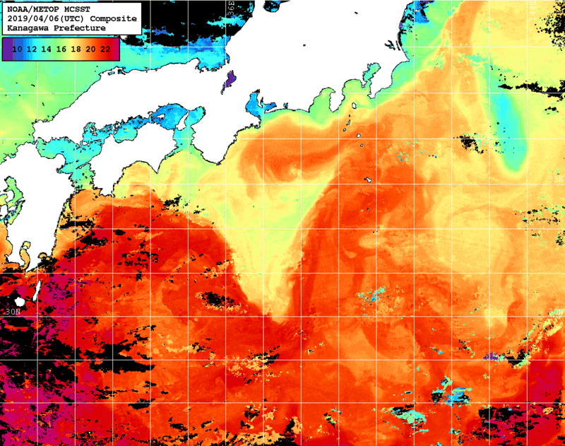 NOAA、MetOp 人工衛星画像 検索結果, 水温分布を図示
