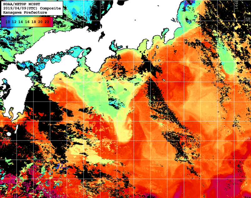 NOAA、MetOp 人工衛星画像 検索結果, 水温分布を図示
