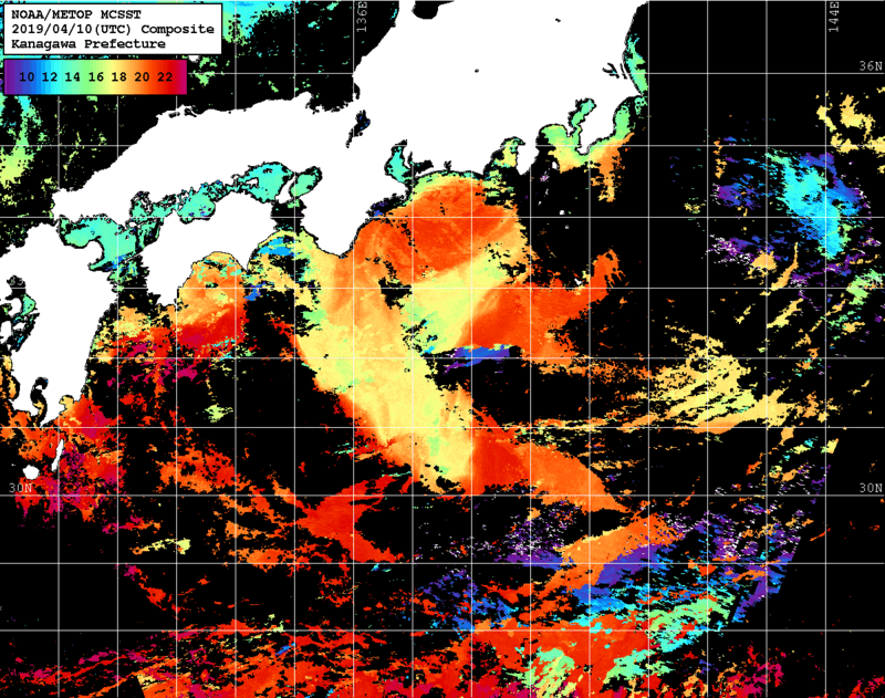 NOAA、MetOp 人工衛星画像 検索結果, 水温分布を図示