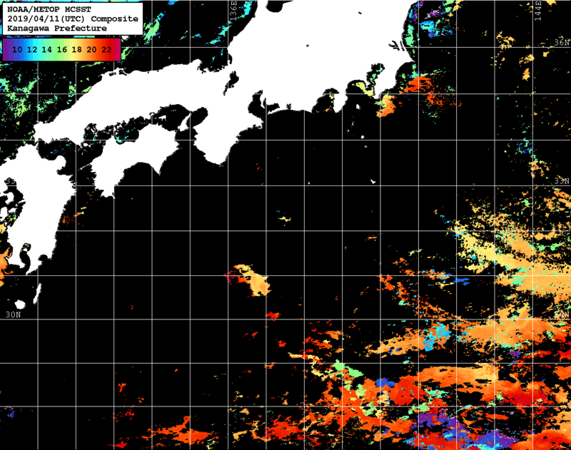 NOAA、MetOp 人工衛星画像 検索結果, 水温分布を図示