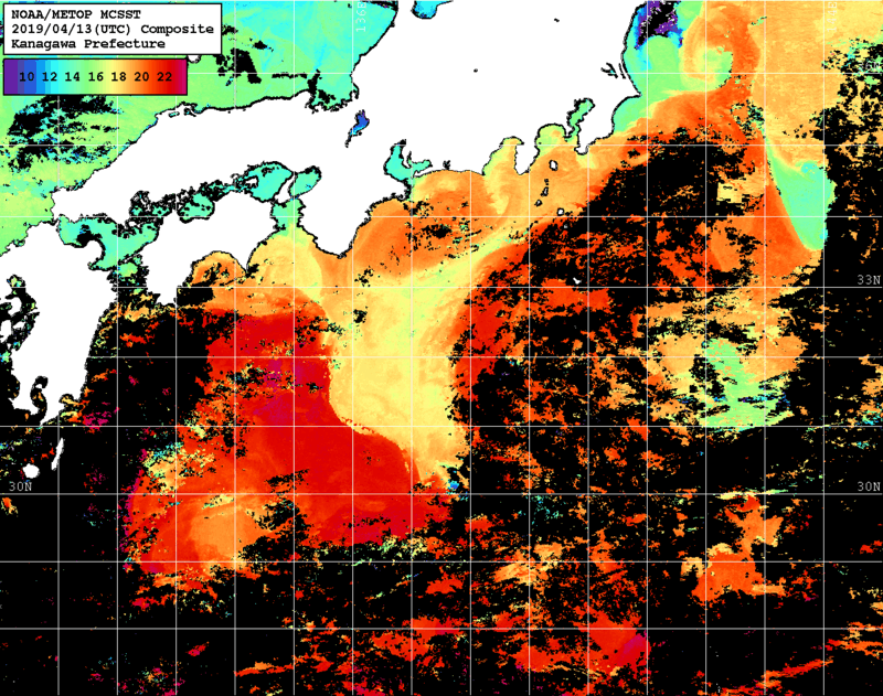 NOAA、MetOp 人工衛星画像 検索結果, 水温分布を図示