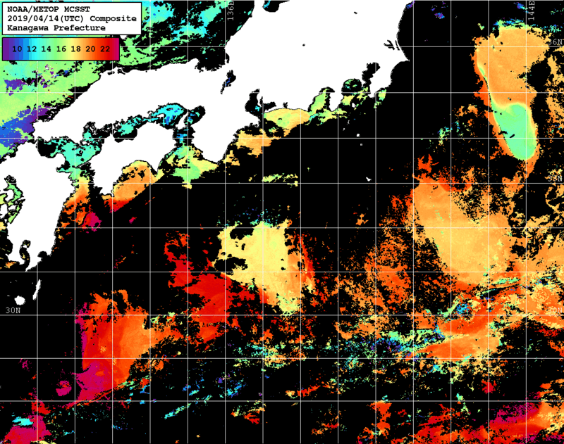 NOAA、MetOp 人工衛星画像 検索結果, 水温分布を図示