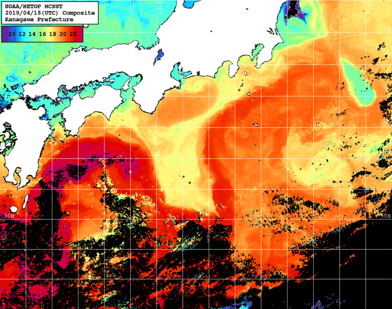 NOAA、MetOp 人工衛星画像 検索結果, 水温分布を図示