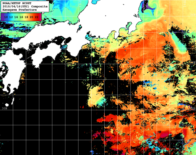 NOAA、MetOp 人工衛星画像 検索結果, 水温分布を図示