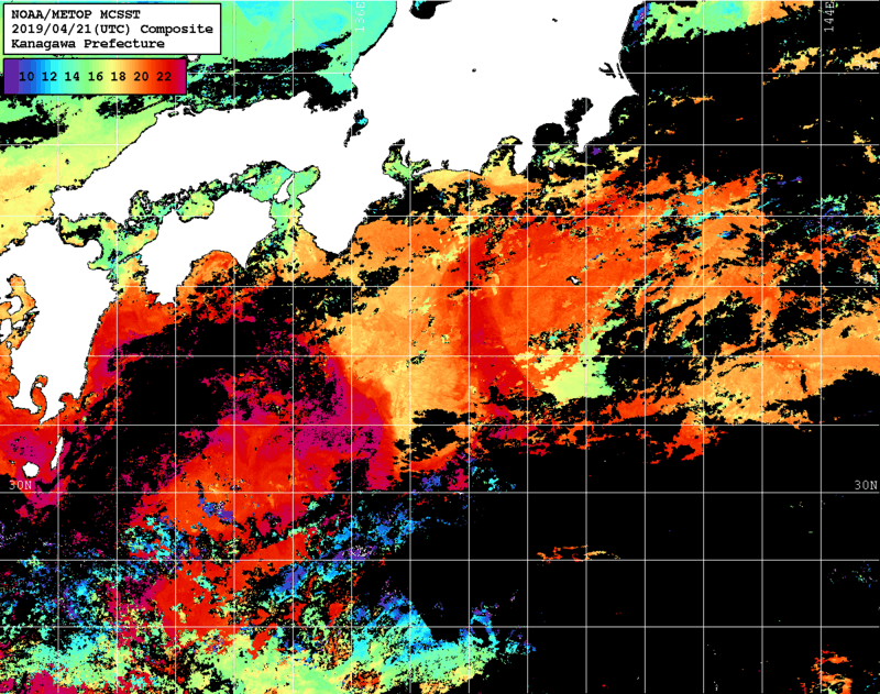 NOAA、MetOp 人工衛星画像 検索結果, 水温分布を図示