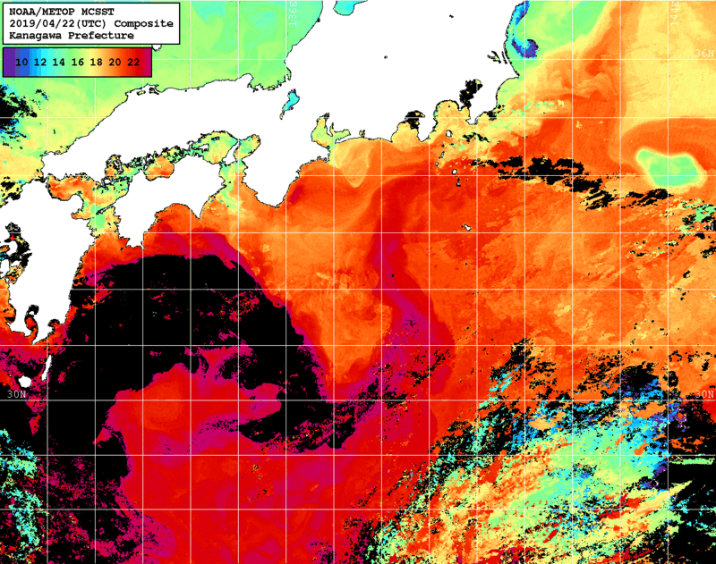 NOAA、MetOp 人工衛星画像 検索結果, 水温分布を図示