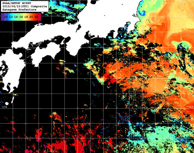 NOAA、MetOp 人工衛星画像 検索結果, 水温分布を図示