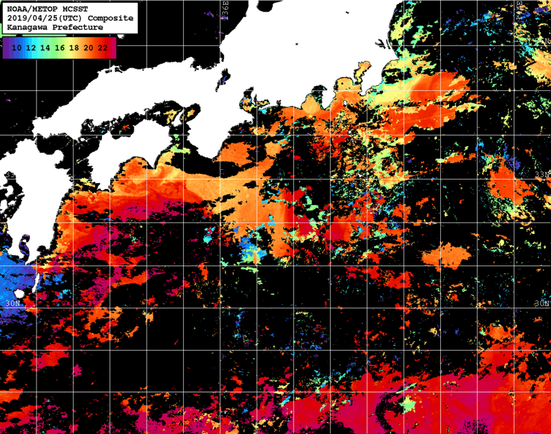 NOAA、MetOp 人工衛星画像 検索結果, 水温分布を図示