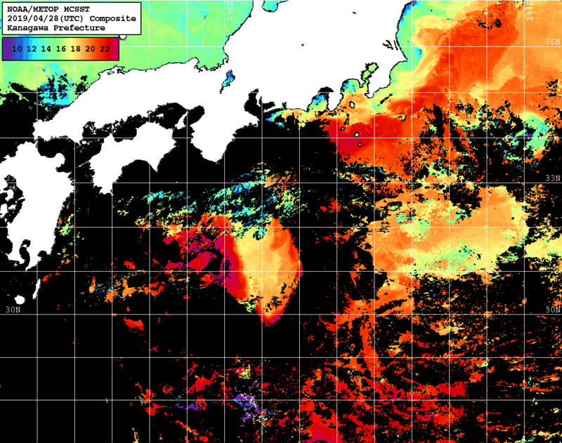 NOAA、MetOp 人工衛星画像 検索結果, 水温分布を図示