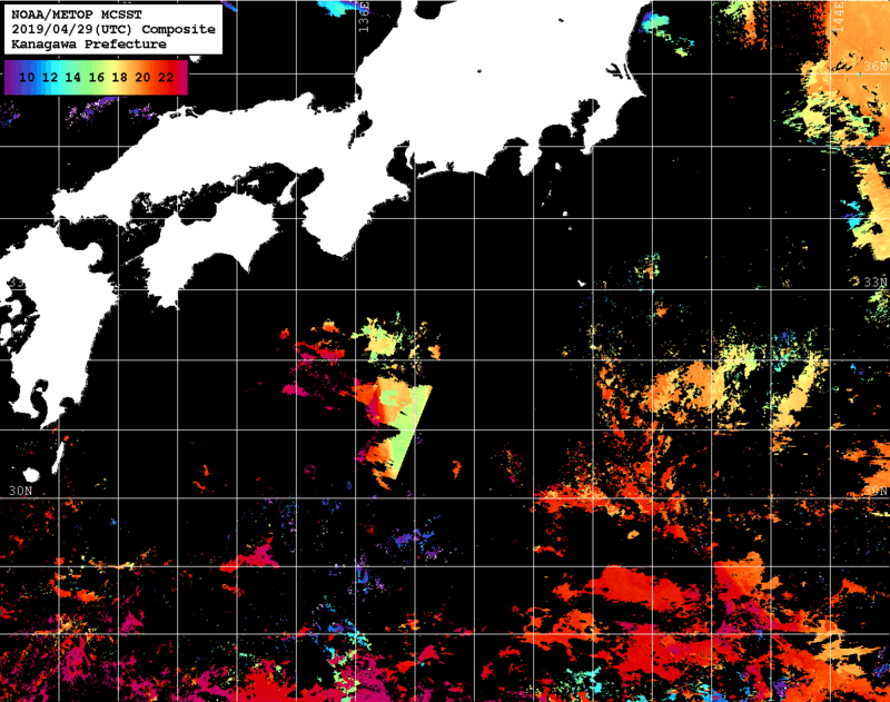 NOAA、MetOp 人工衛星画像 検索結果, 水温分布を図示
