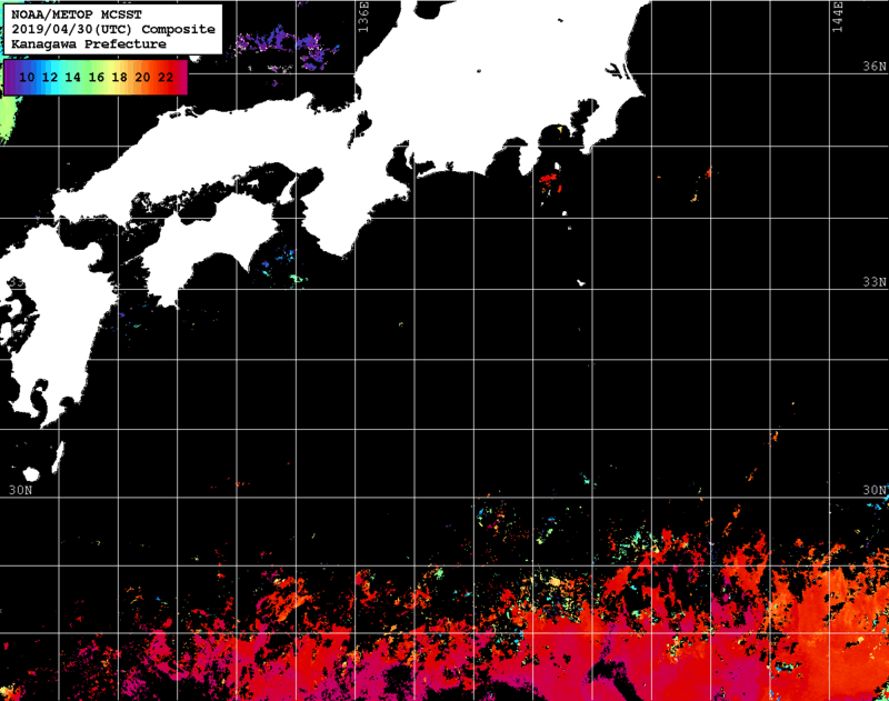 NOAA、MetOp 人工衛星画像 検索結果, 水温分布を図示