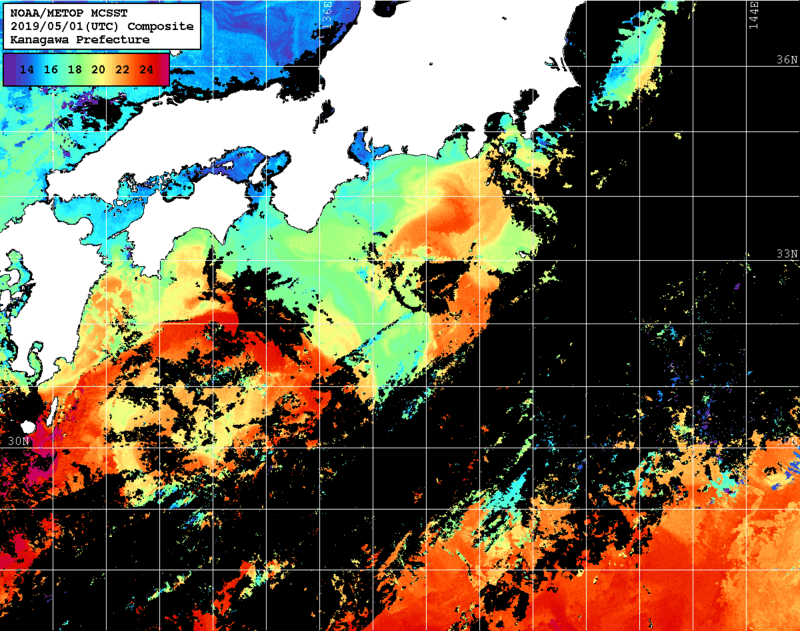 NOAA、MetOp 人工衛星画像 検索結果, 水温分布を図示