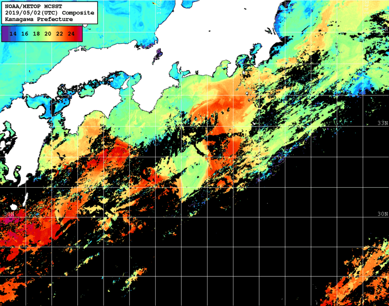 NOAA、MetOp 人工衛星画像 検索結果, 水温分布を図示