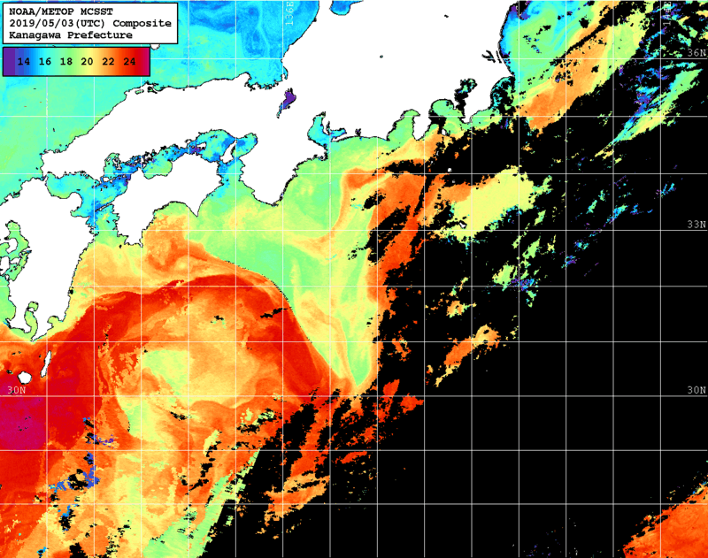 NOAA、MetOp 人工衛星画像 検索結果, 水温分布を図示