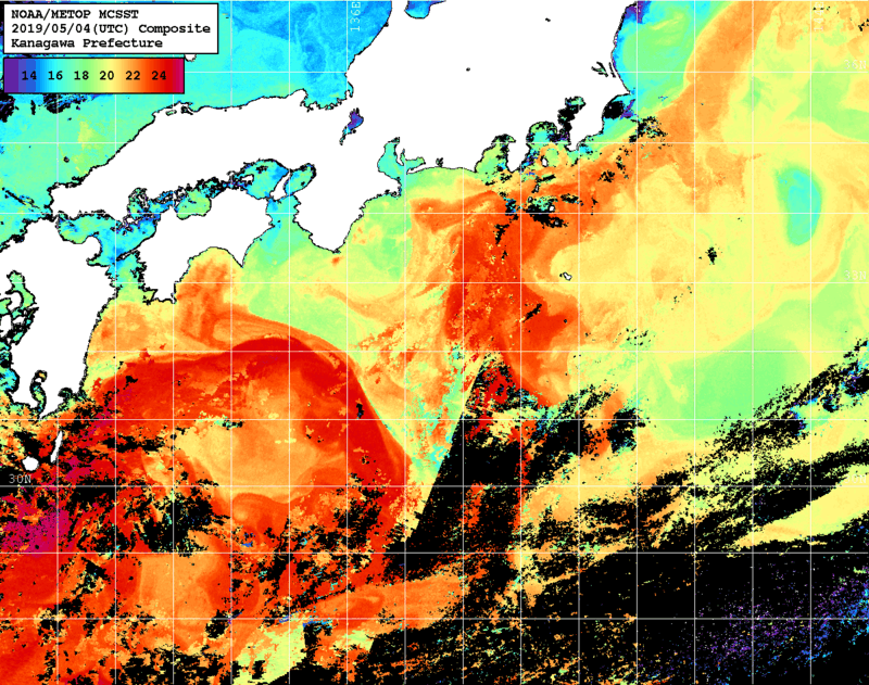 NOAA、MetOp 人工衛星画像 検索結果, 水温分布を図示