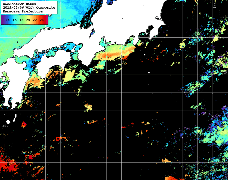 NOAA、MetOp 人工衛星画像 検索結果, 水温分布を図示