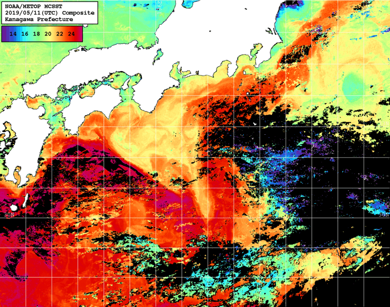 NOAA、MetOp 人工衛星画像 検索結果, 水温分布を図示