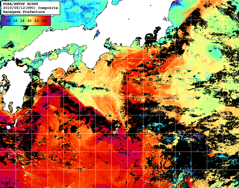 NOAA、MetOp 人工衛星画像 検索結果, 水温分布を図示