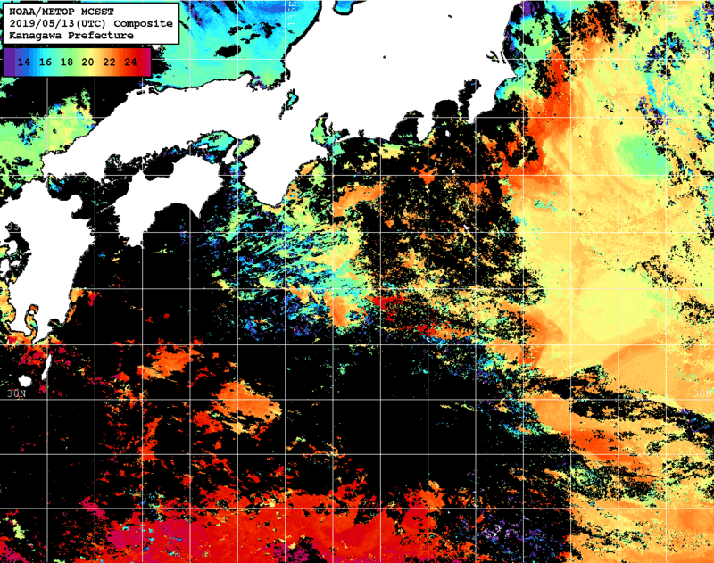NOAA、MetOp 人工衛星画像 検索結果, 水温分布を図示