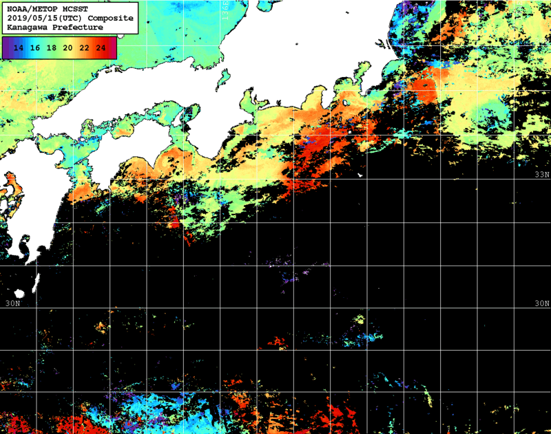 NOAA、MetOp 人工衛星画像 検索結果, 水温分布を図示