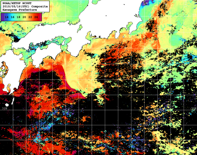 NOAA、MetOp 人工衛星画像 検索結果, 水温分布を図示