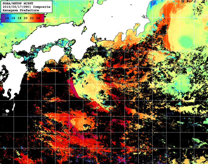 NOAA、MetOp 人工衛星画像 検索結果, 水温分布を図示
