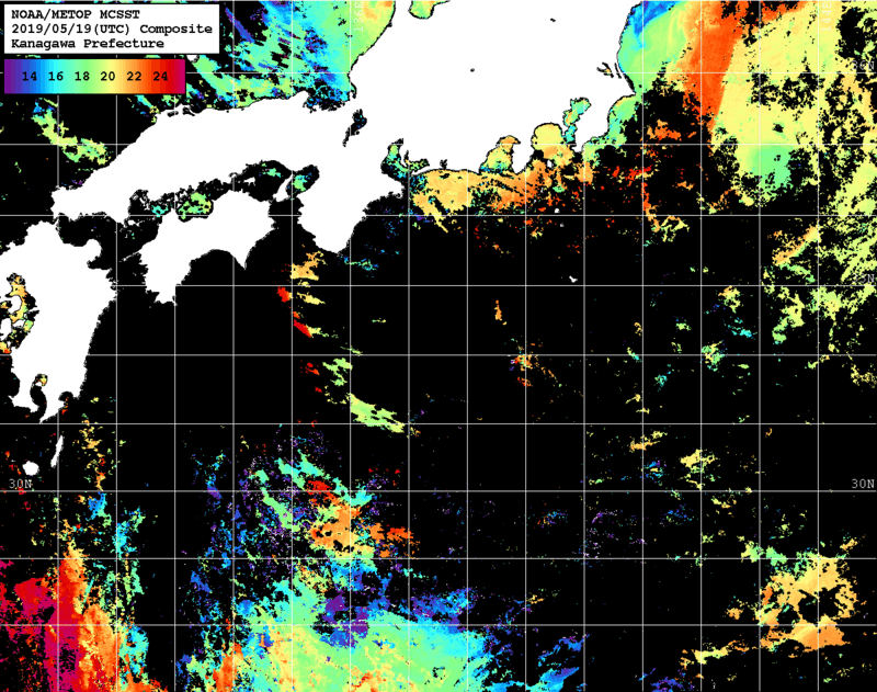 NOAA、MetOp 人工衛星画像 検索結果, 水温分布を図示