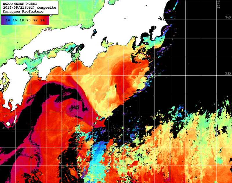 NOAA、MetOp 人工衛星画像 検索結果, 水温分布を図示