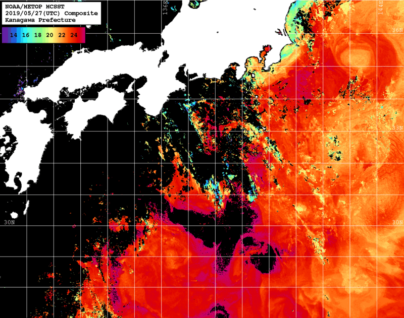 NOAA、MetOp 人工衛星画像 検索結果, 水温分布を図示