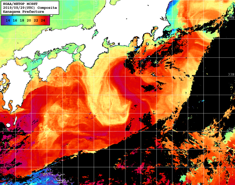 NOAA、MetOp 人工衛星画像 検索結果, 水温分布を図示