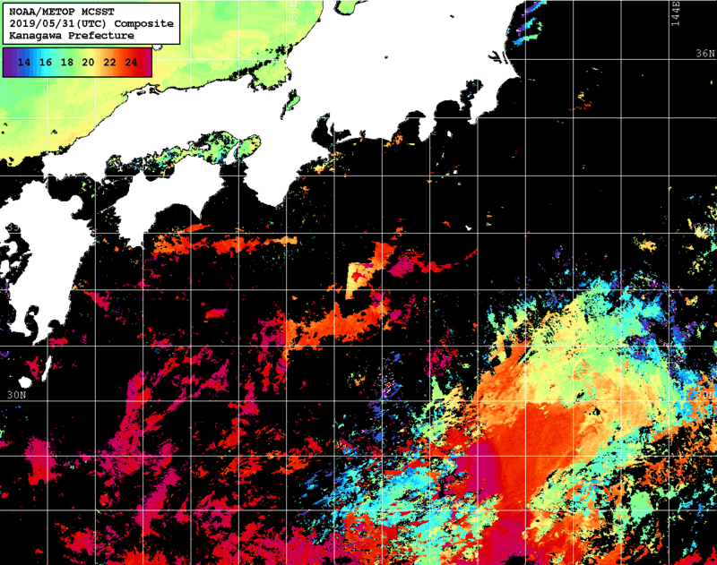 NOAA、MetOp 人工衛星画像 検索結果, 水温分布を図示