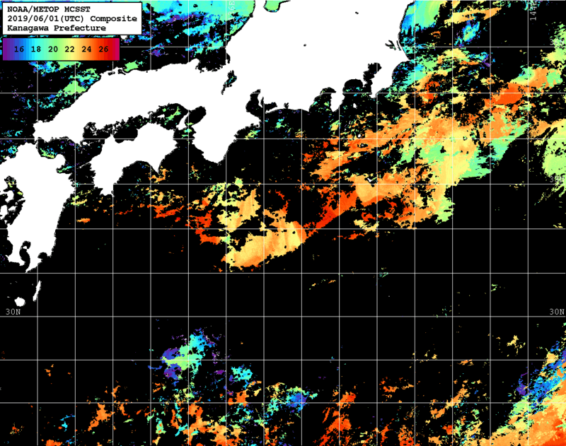 NOAA、MetOp 人工衛星画像 検索結果, 水温分布を図示