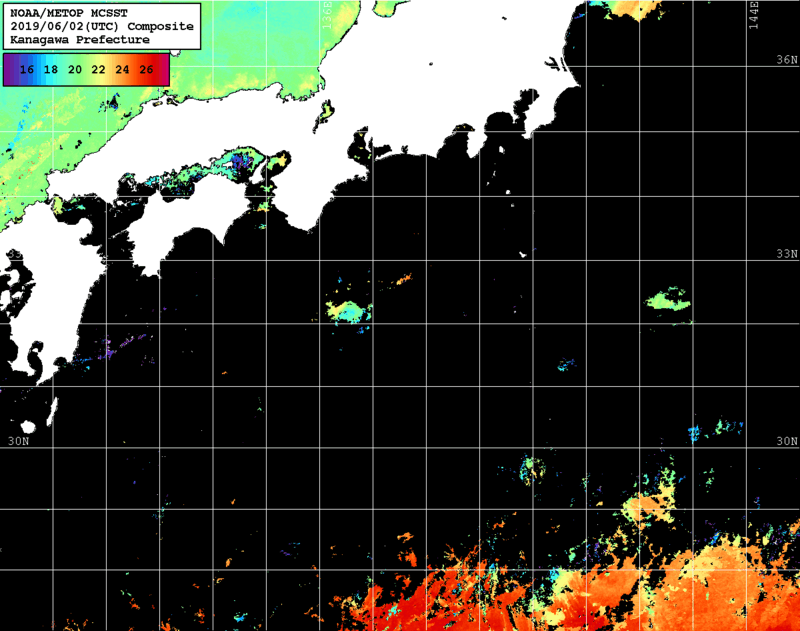 NOAA、MetOp 人工衛星画像 検索結果, 水温分布を図示