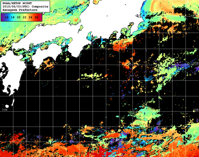 NOAA、MetOp 人工衛星画像 検索結果, 水温分布を図示