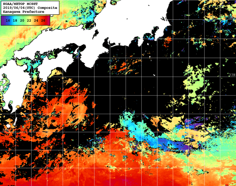 NOAA、MetOp 人工衛星画像 検索結果, 水温分布を図示
