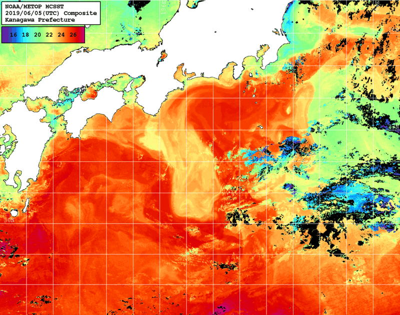 NOAA、MetOp 人工衛星画像 検索結果, 水温分布を図示
