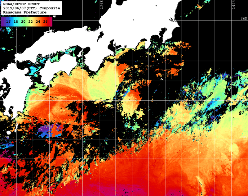 NOAA、MetOp 人工衛星画像 検索結果, 水温分布を図示