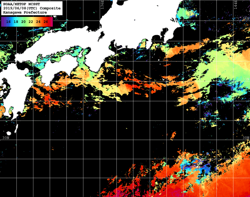 NOAA、MetOp 人工衛星画像 検索結果, 水温分布を図示