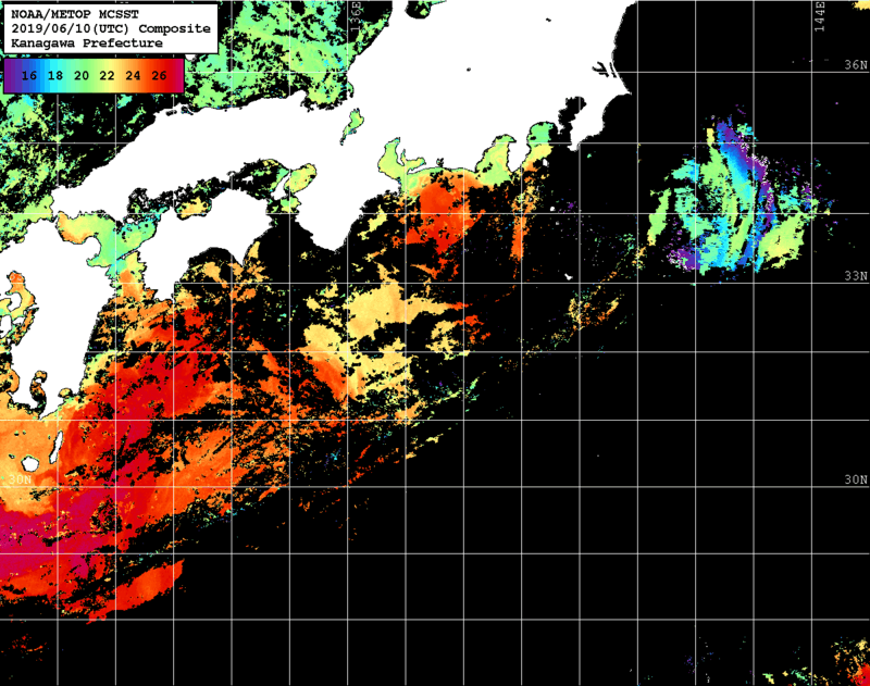 NOAA、MetOp 人工衛星画像 検索結果, 水温分布を図示