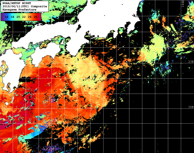 NOAA、MetOp 人工衛星画像 検索結果, 水温分布を図示