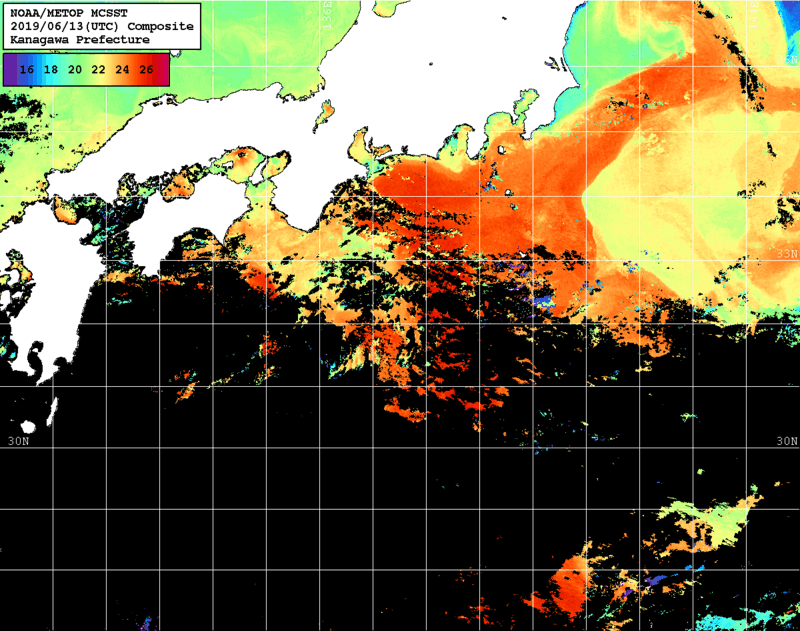 NOAA、MetOp 人工衛星画像 検索結果, 水温分布を図示