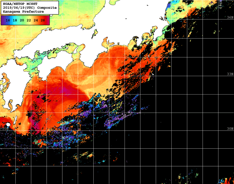 NOAA、MetOp 人工衛星画像 検索結果, 水温分布を図示